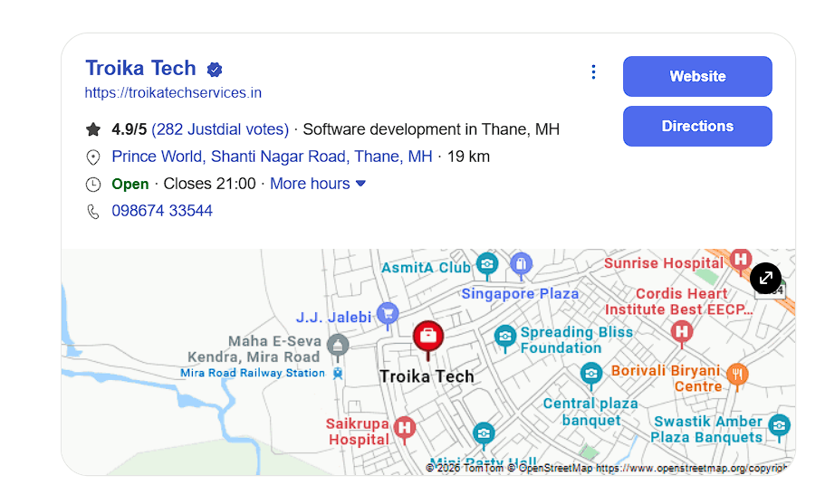 Troika Tech verified Google Business Profile showing a 4.9 rating from 282 Justdial votes