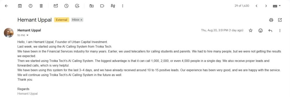 Email from Hemant Uppal of Urban Capital Investment about Troika Tech AI calling