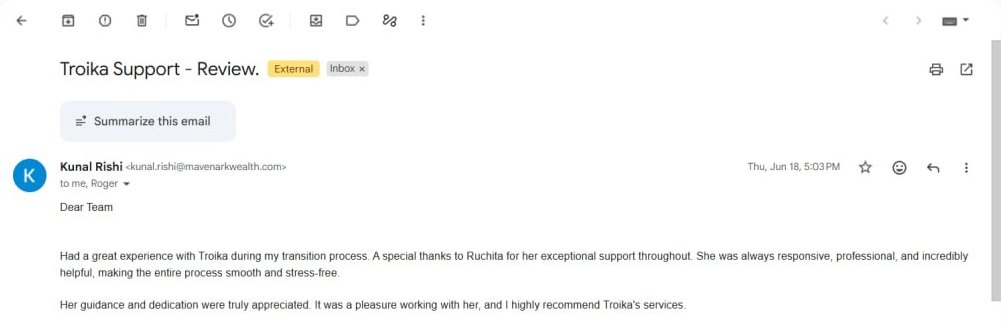 Email from Kunal Rishi of Mavenark Wealth Private Limited about Troika Tech AI calling