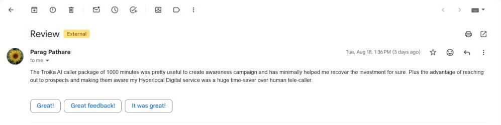 Email from Parag Pathare of Smart Suburbs about Troika Tech AI calling