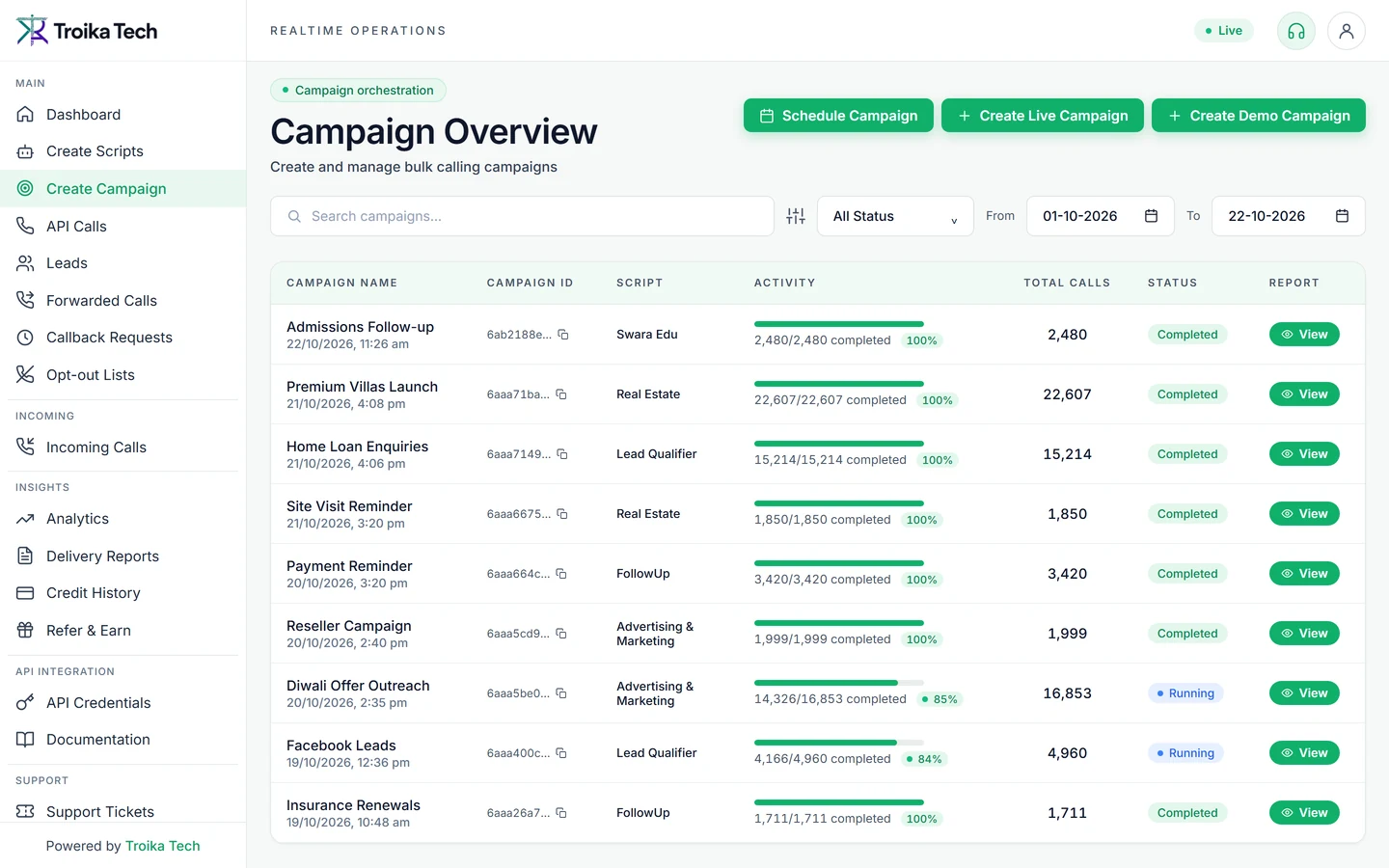 Troika AI Calling app - Campaign Manager