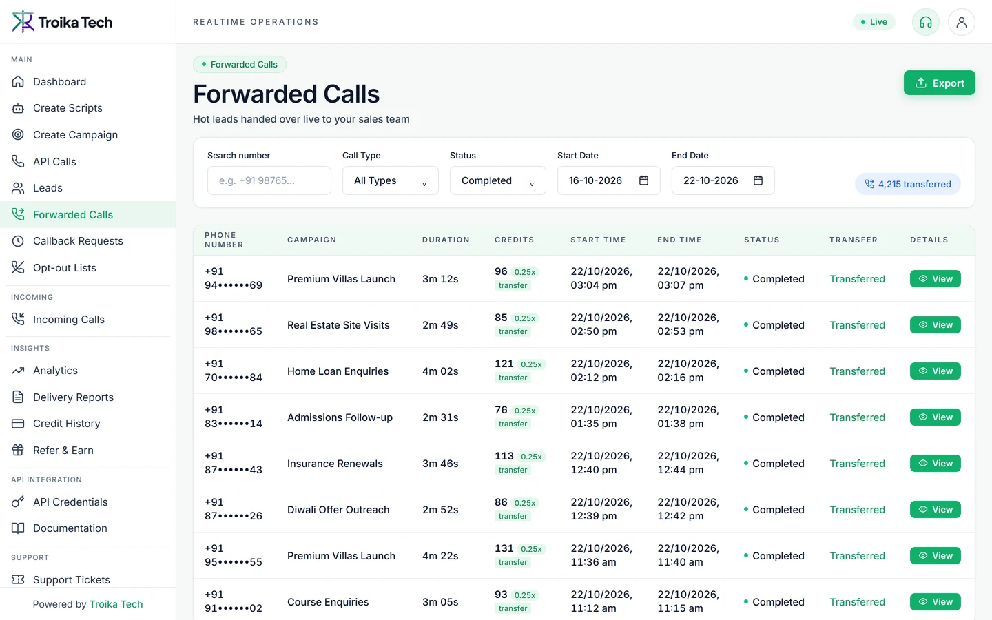 Troika AI Calling app - Live Transfers