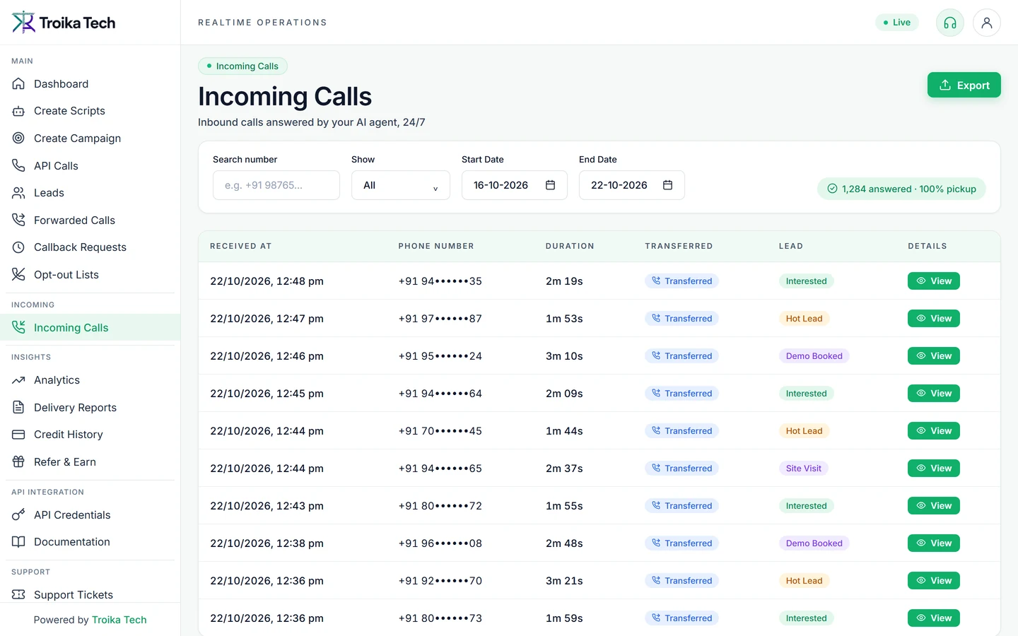 Troika AI Calling app - Incoming Calls
