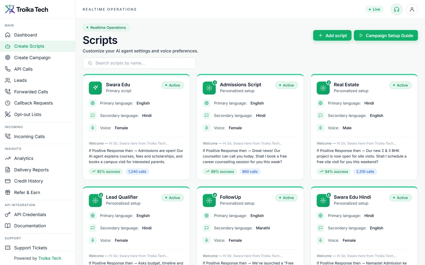 Troika AI Calling app - AI Call Scripts